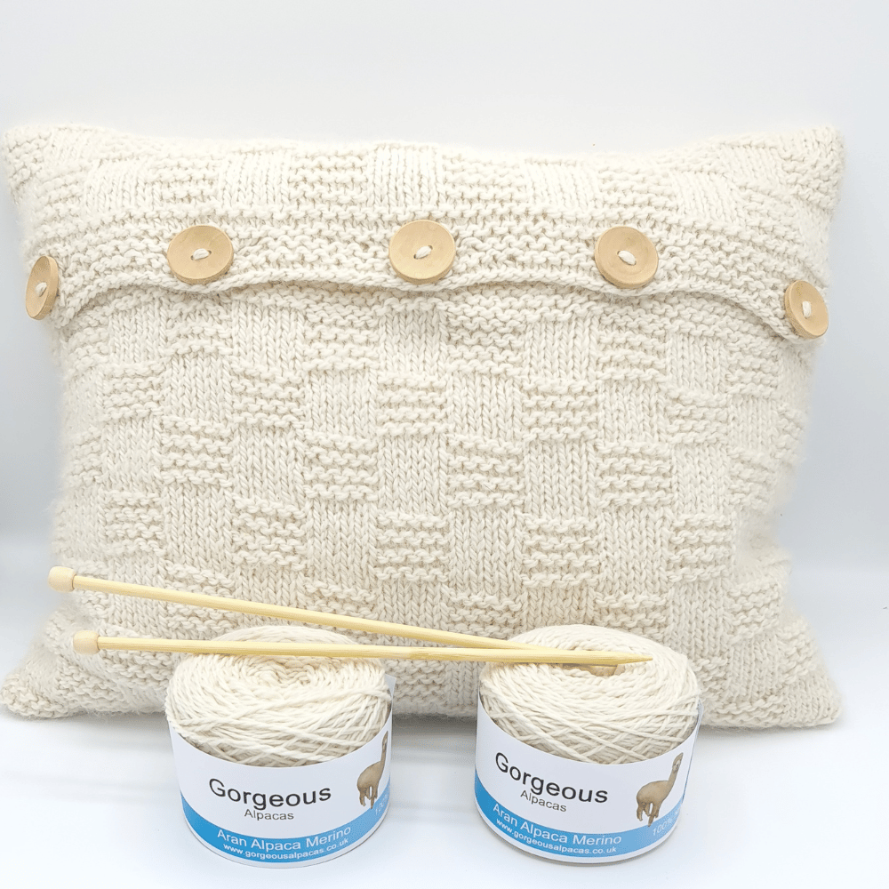 Aran alpaca cushion knitting kit in undyed natural alpaca wool from Peru