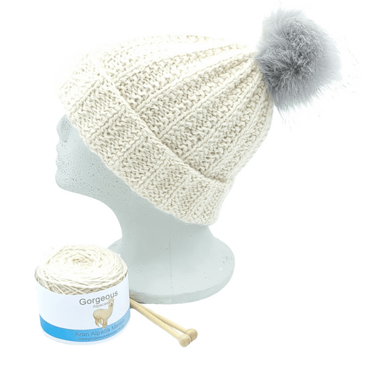 Aran alpaca hat knitting kit in undyed natural alpaca wool from Peru