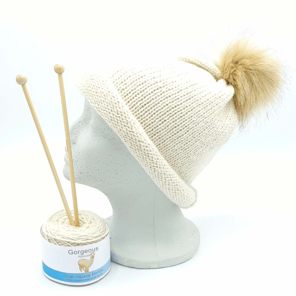 Aran alpaca hat knitting kit in undyed natural alpaca wool from Peru