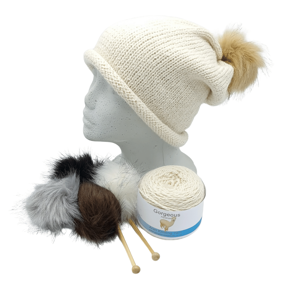 Aran alpaca hat knitting kit in undyed natural alpaca wool from Peru