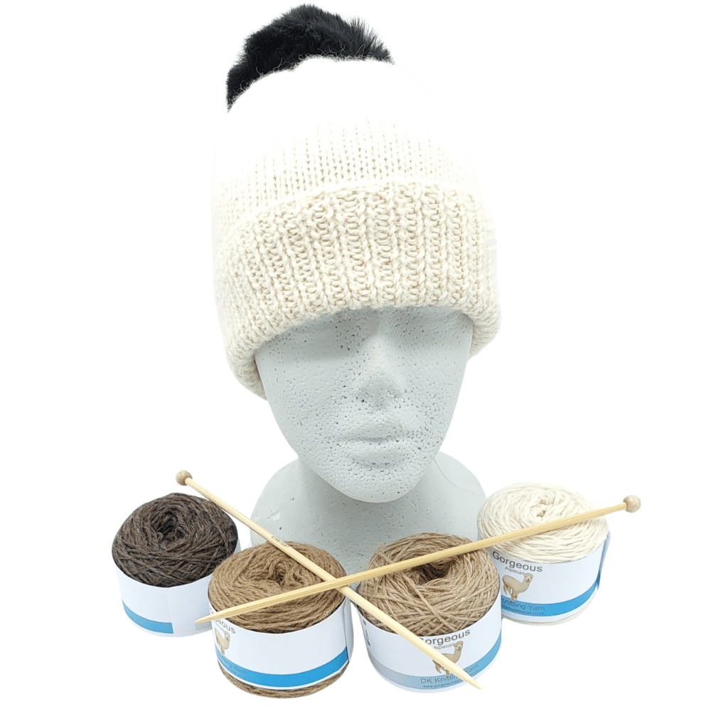 Alpaca wool knitting kit hat shown here in 