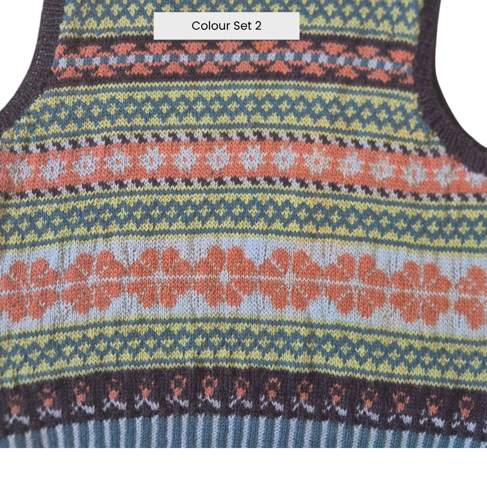 Close-up of a knitted garment with a colorful pattern, labeled 'Colour Set 2'.