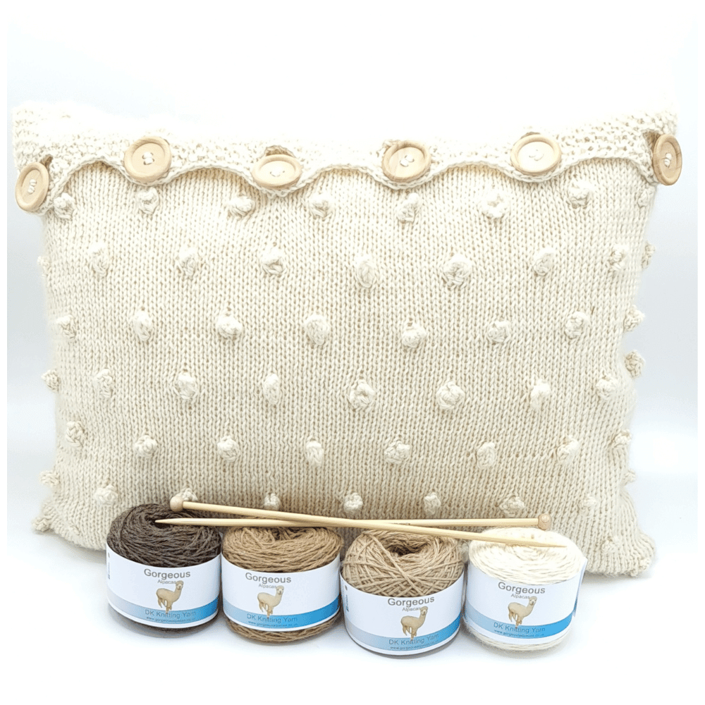 Alpaca wool cushion knitting kit shown here in Parchment