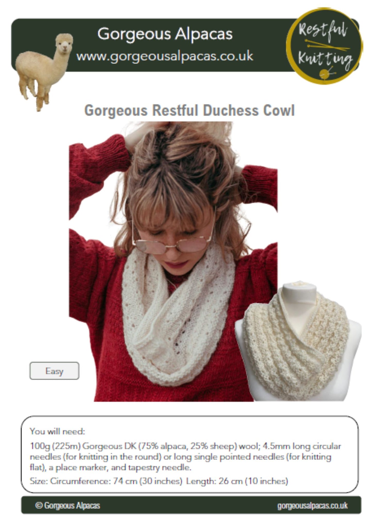 Front page of Duchess Cowl Pattern, knit in the round or flat shown here in Gorgeous Alpacas DK parchment. Model also wearing sampler sweater in Wine.