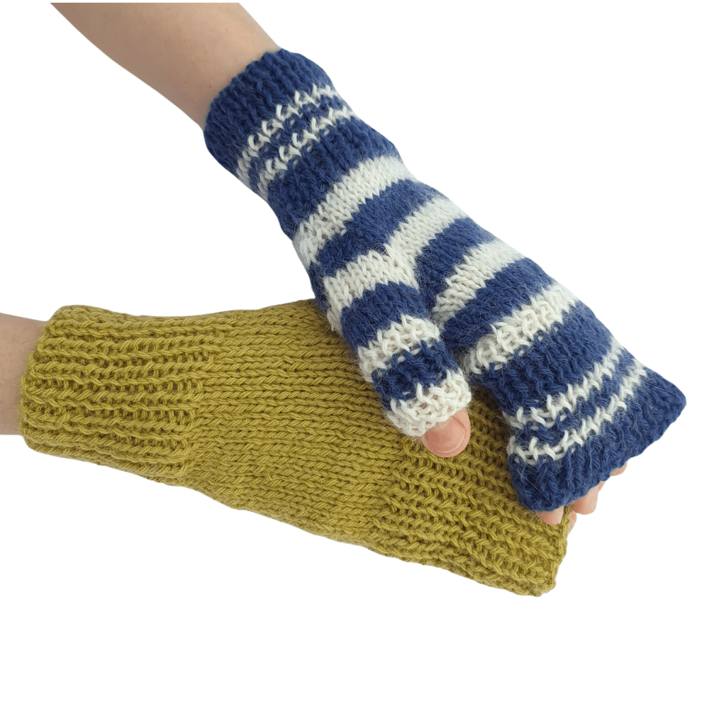 Alpaca wool glove knitting kit hat shown here in Mustard, and also in Midnight Blue and Parchment