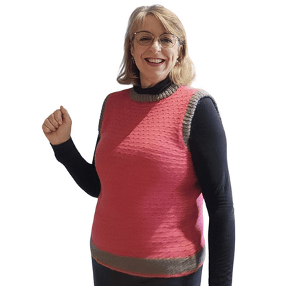 Knitting kit for this sleeveless sweater with a simple pattern detail, using Gorgeous Alpacas alpaca wool - this example in Rose Pink and Grey