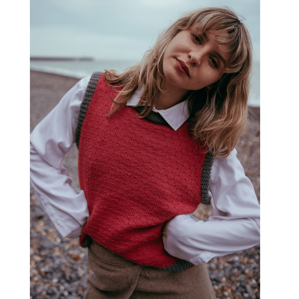 Knitting kit for this sleeveless sweater with a simple pattern detail, using Gorgeous Alpacas alpaca wool - this example in Rose Pink and Grey