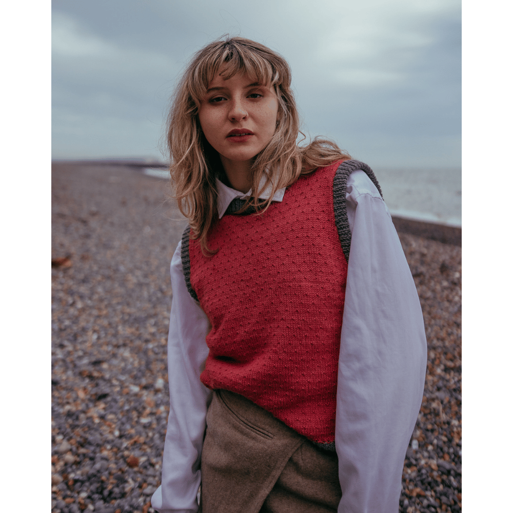 Knitting kit for this sleeveless sweater with a simple pattern detail, using Gorgeous Alpacas alpaca wool - this example in Rose Pink and Grey