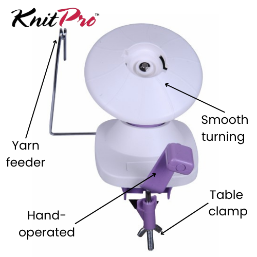 KnitPro yarn winder with labeled parts on a white background