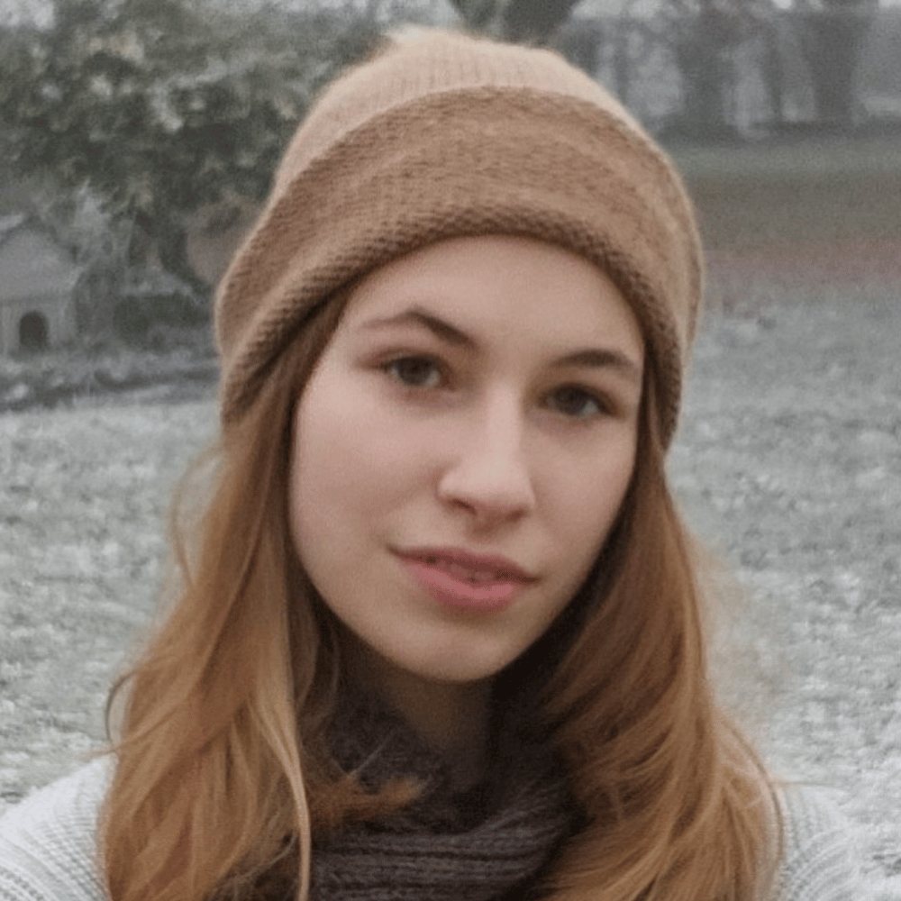 Alpaca wool knitting kit hat shown here in sandstone