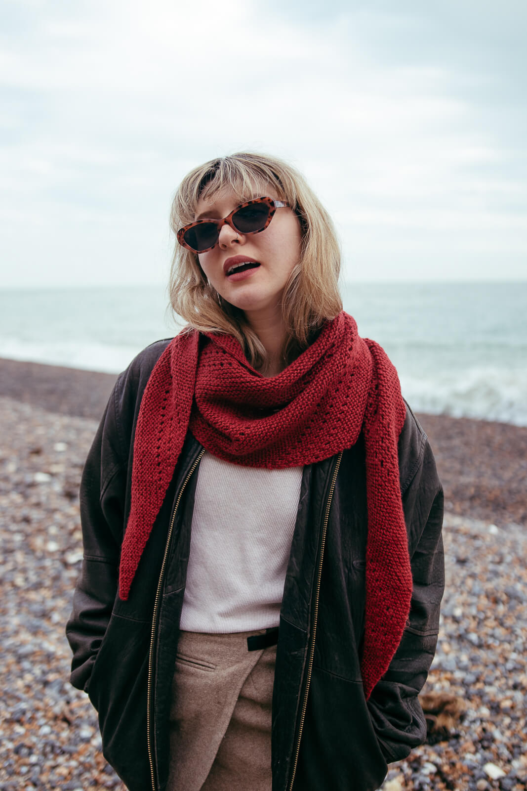 Alpaca wool shawl knitting kit shown here in Wine