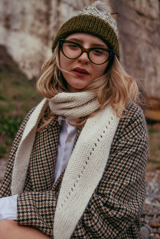 Alpaca wool shawl knitting kit shown here in Parchment