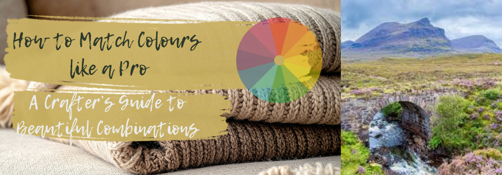 Image shows nature, colour wheel and some handmade woolen garments to demonstrate proven methods to choose colour mixes 