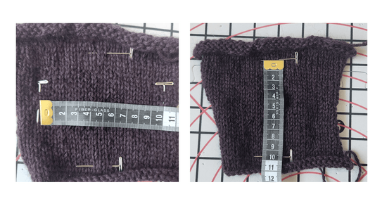 One tension square in alpaca wool showing the measurement of the vertical and horizontal
