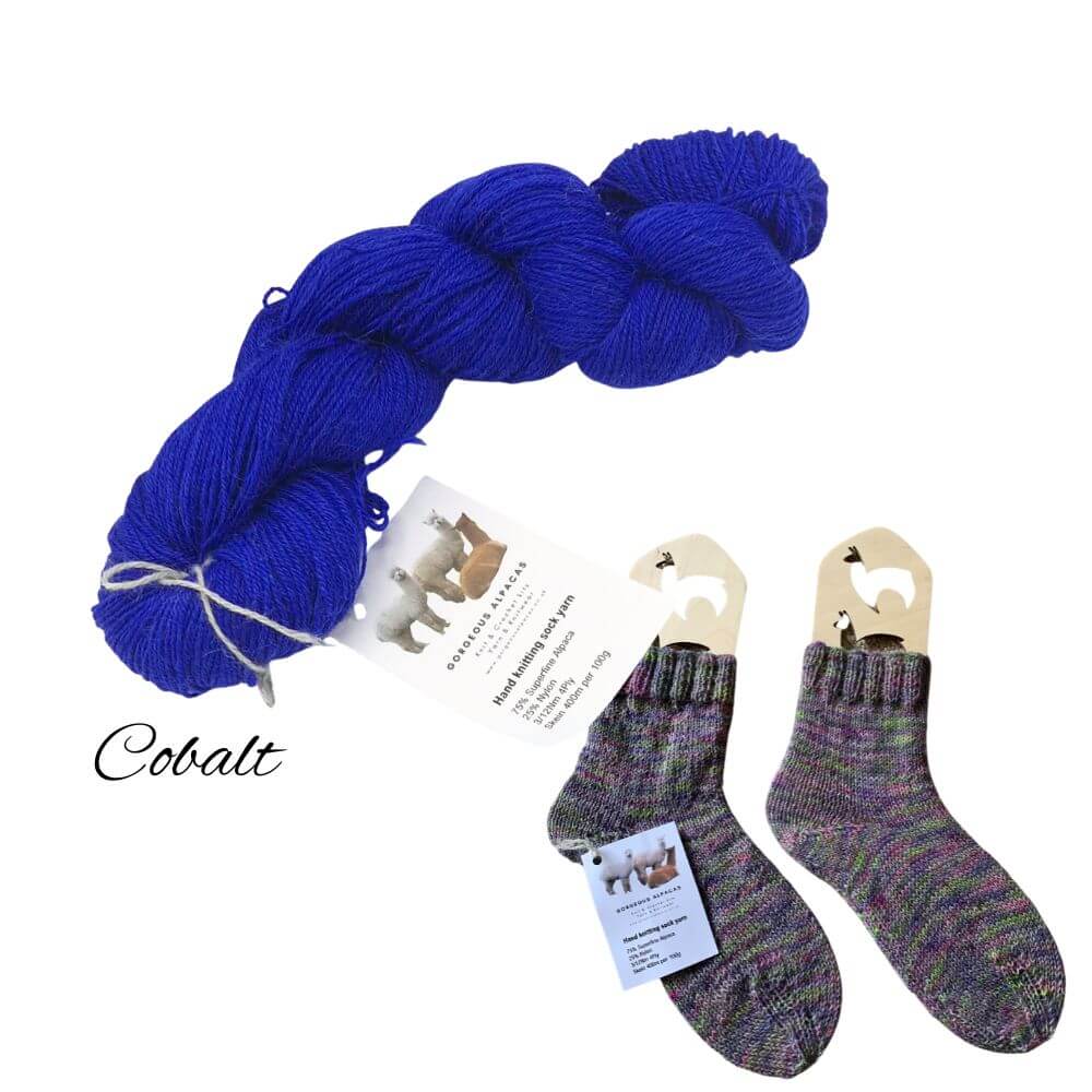 Socks knitted on 2 needles using 4ply wool from alpaca fleece from British and Irish alpaca farms showing option in Cobalt Blue