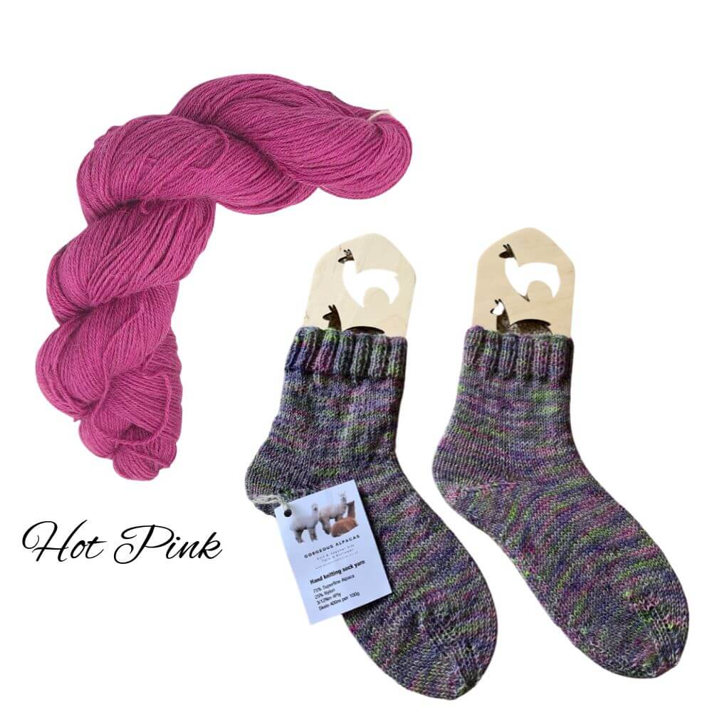 Socks knitted on 2 needles using 4ply wool from alpaca fleece from British and Irish alpaca farms showing option in Hot Pink