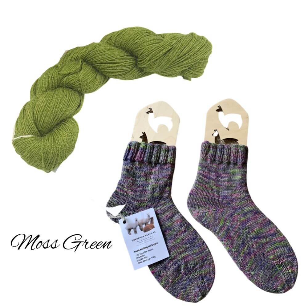 Socks knitted on 2 needles using 4ply wool from alpaca fleece from British and Irish alpaca farms showing option in Moss Green