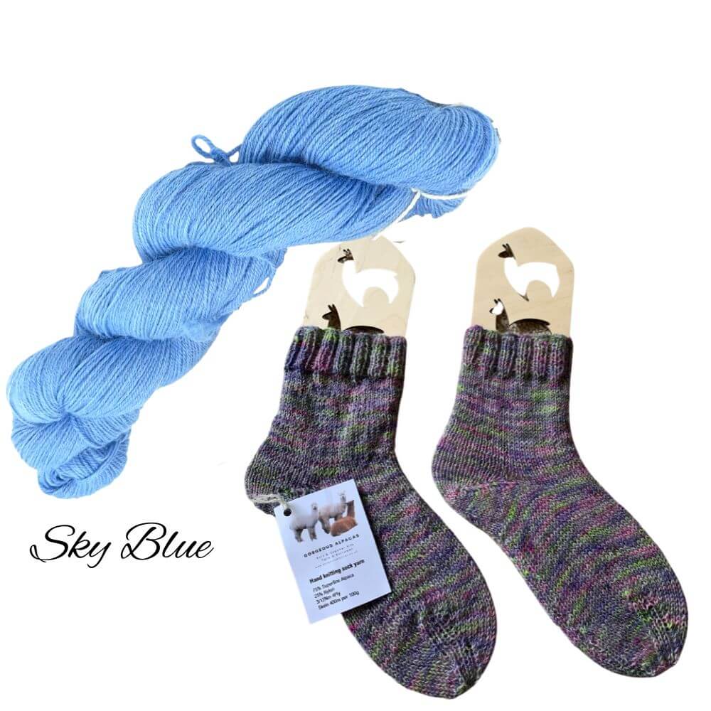 Socks knitted on 2 needles using 4ply wool from alpaca fleece from British and Irish alpaca farms showing option in Sky Blue