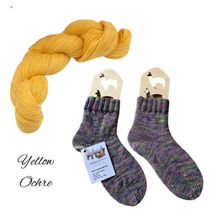 Socks knitted on 2 needles using 4ply wool from alpaca fleece from British and Irish alpaca farms showing option in Yellow Ochre