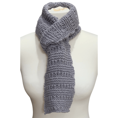 Knit kit for our Skinny scarf shown here on model in DK alpaca yarn Lunar Grey