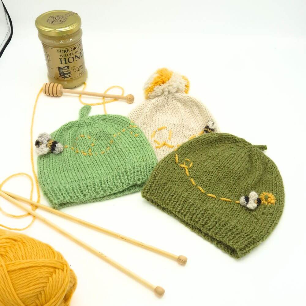 Baby and toddler bee beanie knit kit in alpaca DK yarn – newborn to 36 months