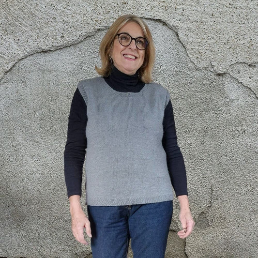 Knitting kit for this topdown vest with a simple pattern detail, using Gorgeous Alpacas alpaca wool. This example has been made with the colour Grey.