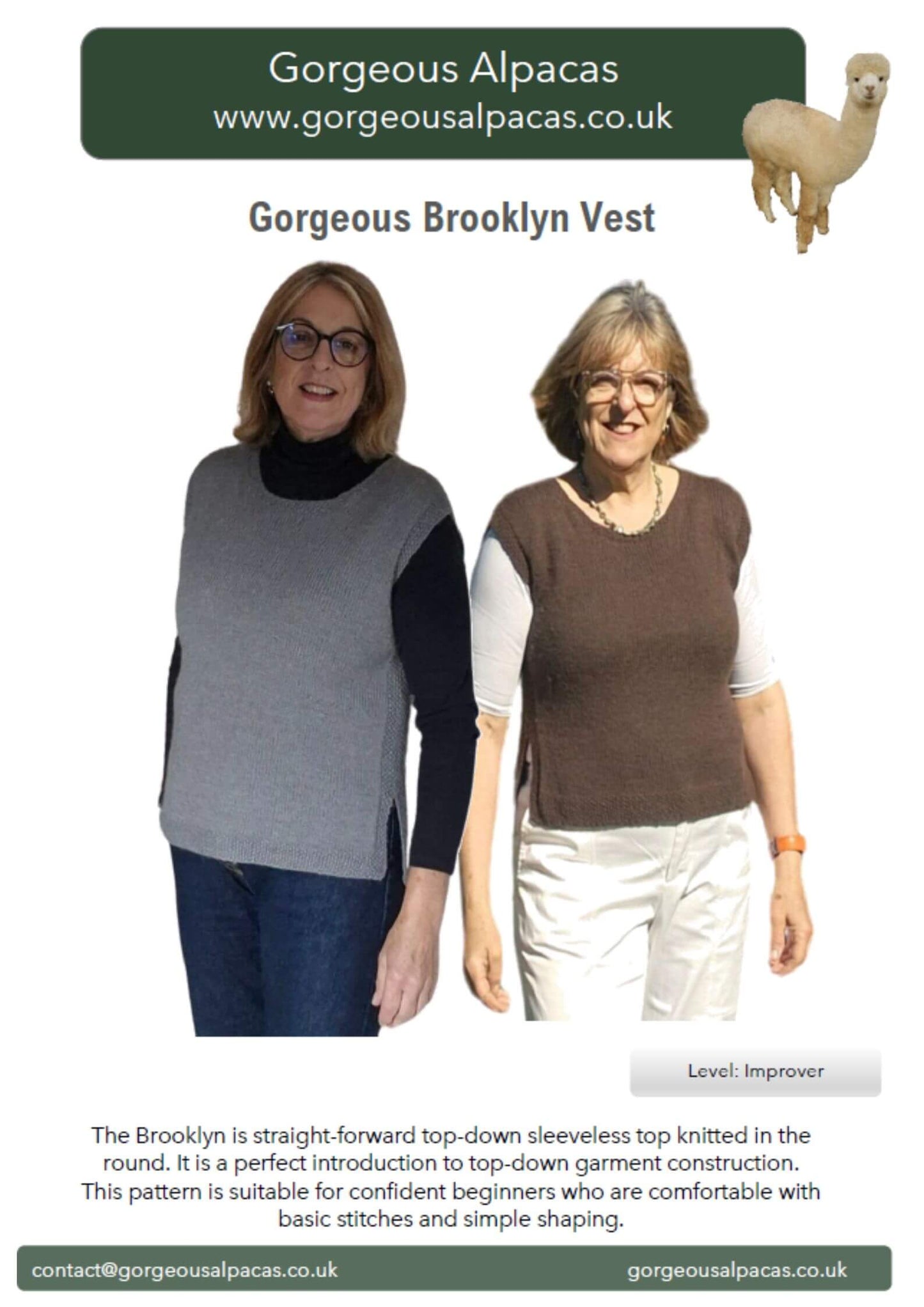 Pattern cover for the Brooklyn Vest Top-down knitting pattern