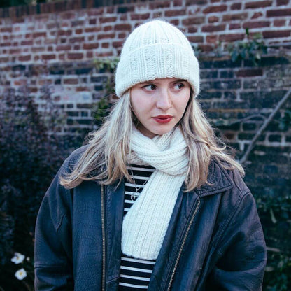  Model wearing chunky alpaca Seaman's hat  knitted from Gorgeous Alpacas pattern – shown in Parchment.