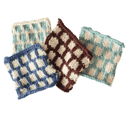 Chunky alpaca yarn sample squares using the tile stitch pattern