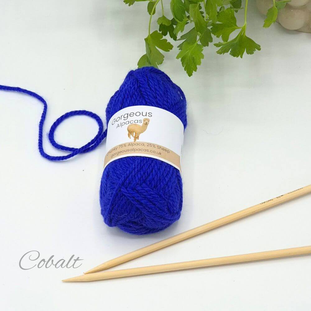 Chunky alpaca yarn from British & Irish alpaca farms shown here in Cobalt.