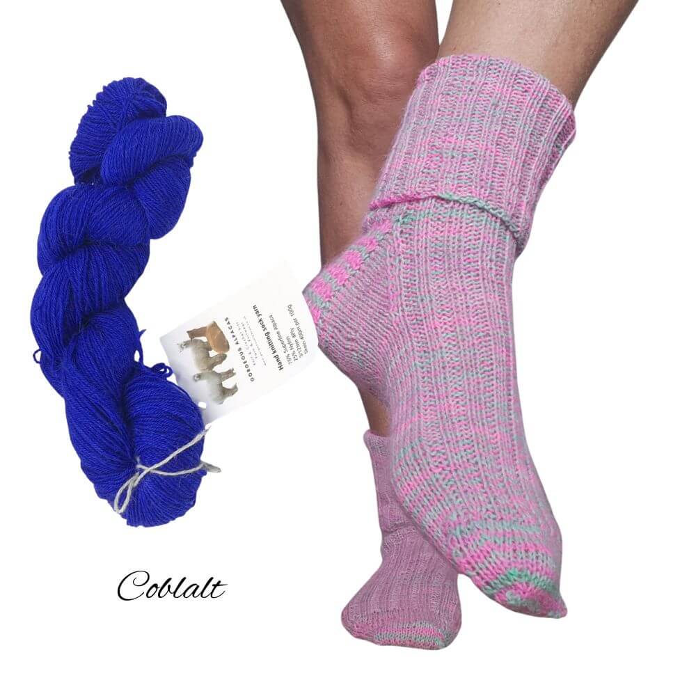 Sock knitting kit using alpaca fleece from British and Irish alpaca farms, shown here in Cobalt