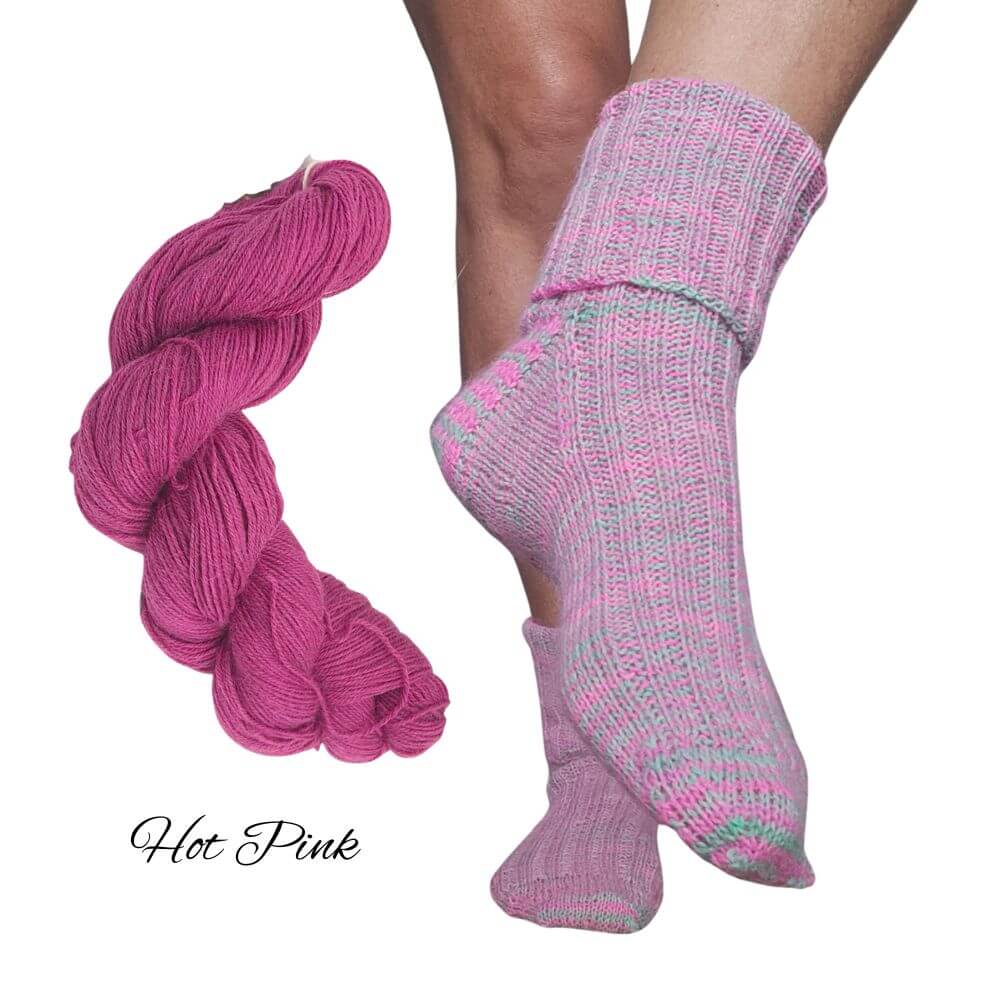 Sock knitting kit using alpaca fleece from British and Irish alpaca farms, shown here in Hot Pink
