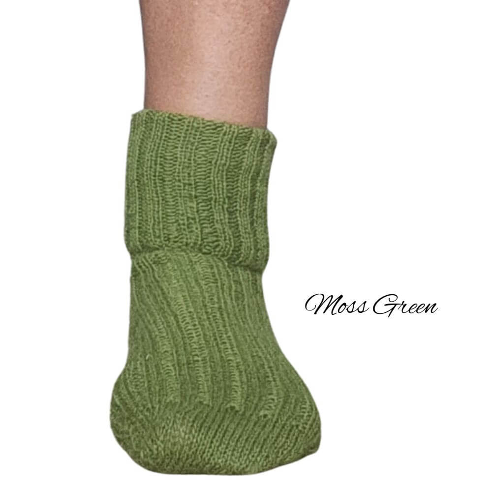 Sock knitting kit using alpaca fleece from British and Irish alpaca farms, shown here in Moss Green