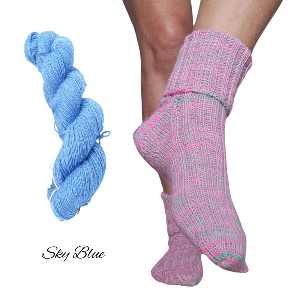 Sock knitting kit using alpaca fleece from British and Irish alpaca farms, shown here in Sky Blue