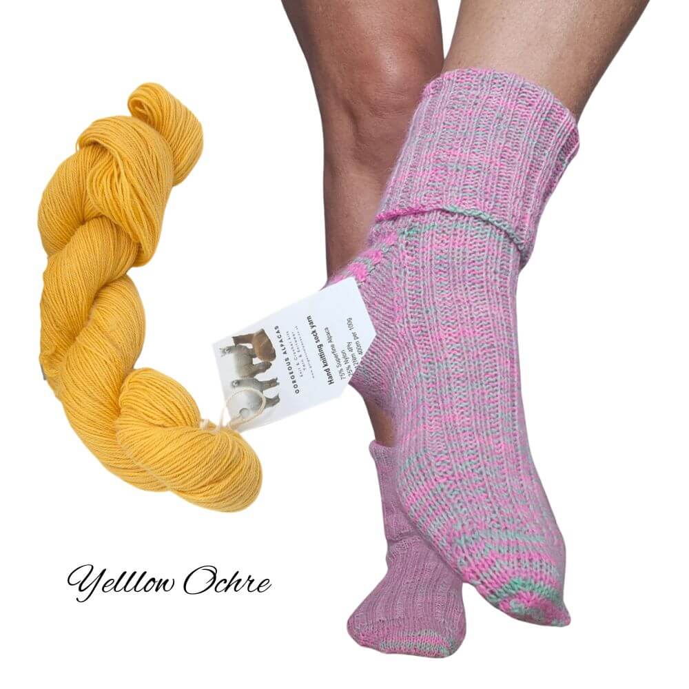 Sock knitting kit using alpaca fleece from British and Irish alpaca farms, shown here in Yellow Ochre