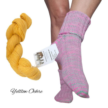 Sock knitting kit using alpaca fleece from British and Irish alpaca farms, shown here in Yellow Ochre