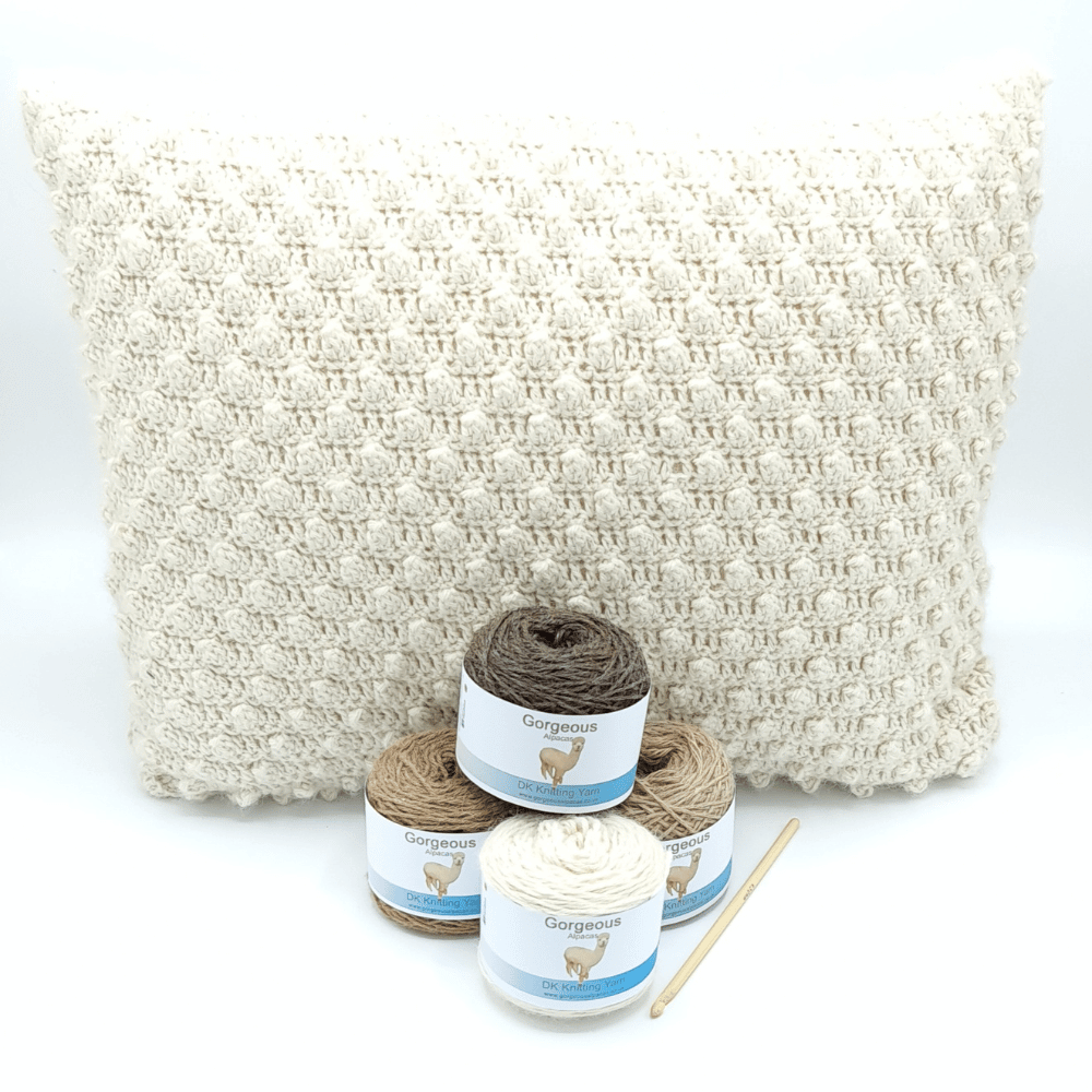 Alpaca wool cushion crochet kit shown here in Parchment