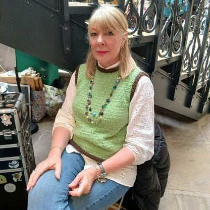 Customer wearing Southwold in Jade and Mocha DK alpaca wool from British & Irish alpaca farms