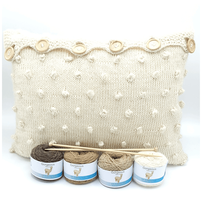 Alpaca wool cushion knitting kit shown here in Parchment