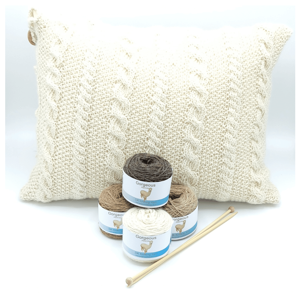 Alpaca wool cushion knitting kit shown here in Parchment