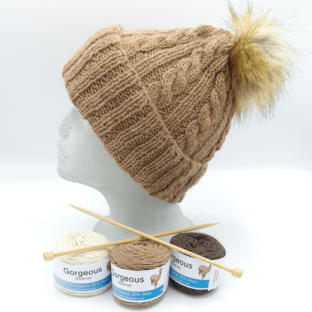 Alpaca wool knitting kit hat shown here in sandstone