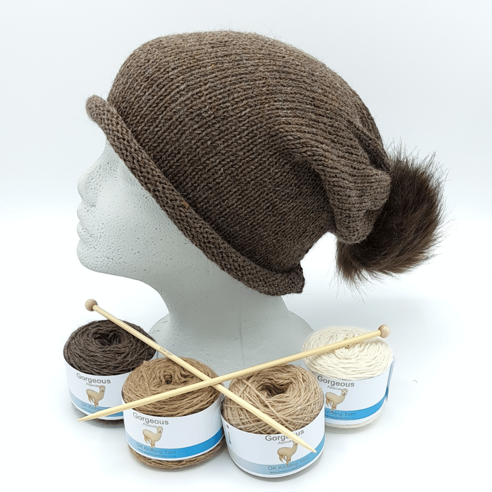 Alpaca wool knitting kit hat shown here in speckledy grey