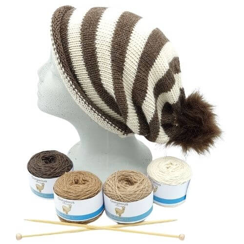 Striped alpaca hat knitting kit – longdrop style in Speckledy Brown and Parchment alpaca wool from British and Irish alpaca farms