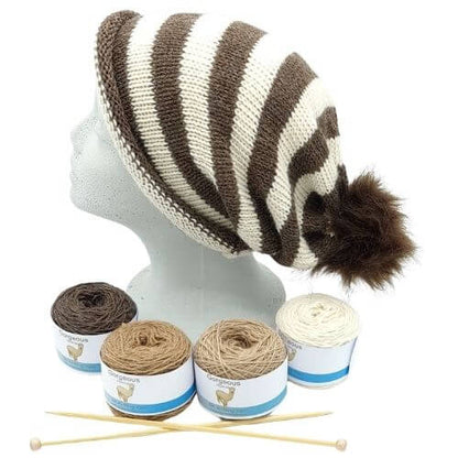 Striped alpaca hat knitting kit – longdrop style in Speckledy Brown and Parchment alpaca wool from British and Irish alpaca farms