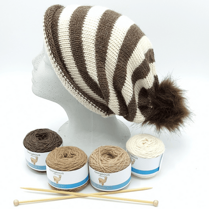 Alpaca wool knitting kit hat shown here in Parchment and Speckledy Grey