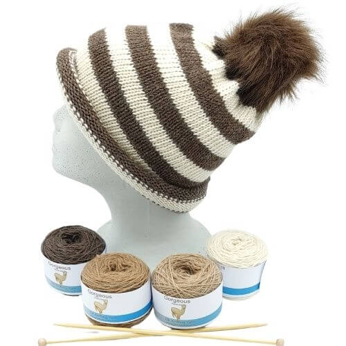 Striped alpaca hat knitting kit – rolled up beanie style in Speckledy Brown and Parchment alpaca wool from British and Irish alpaca farms
