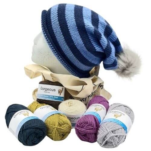 Striped alpaca hat knitting kit – longdrop style in Midnight Blue and Sky Blue alpaca wool from British and Irish alpaca farms