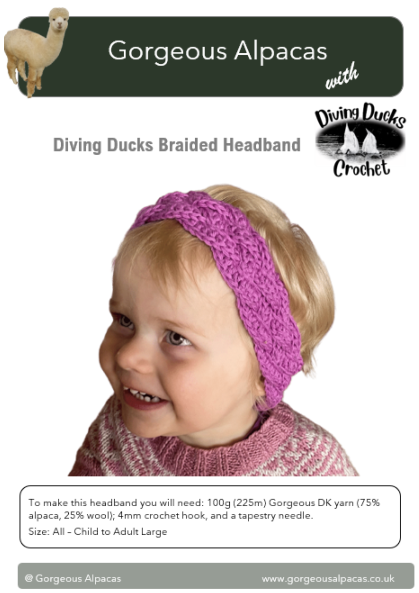 Child wearing a purple braided headband with 'Gorgeous Alpacas' branding.