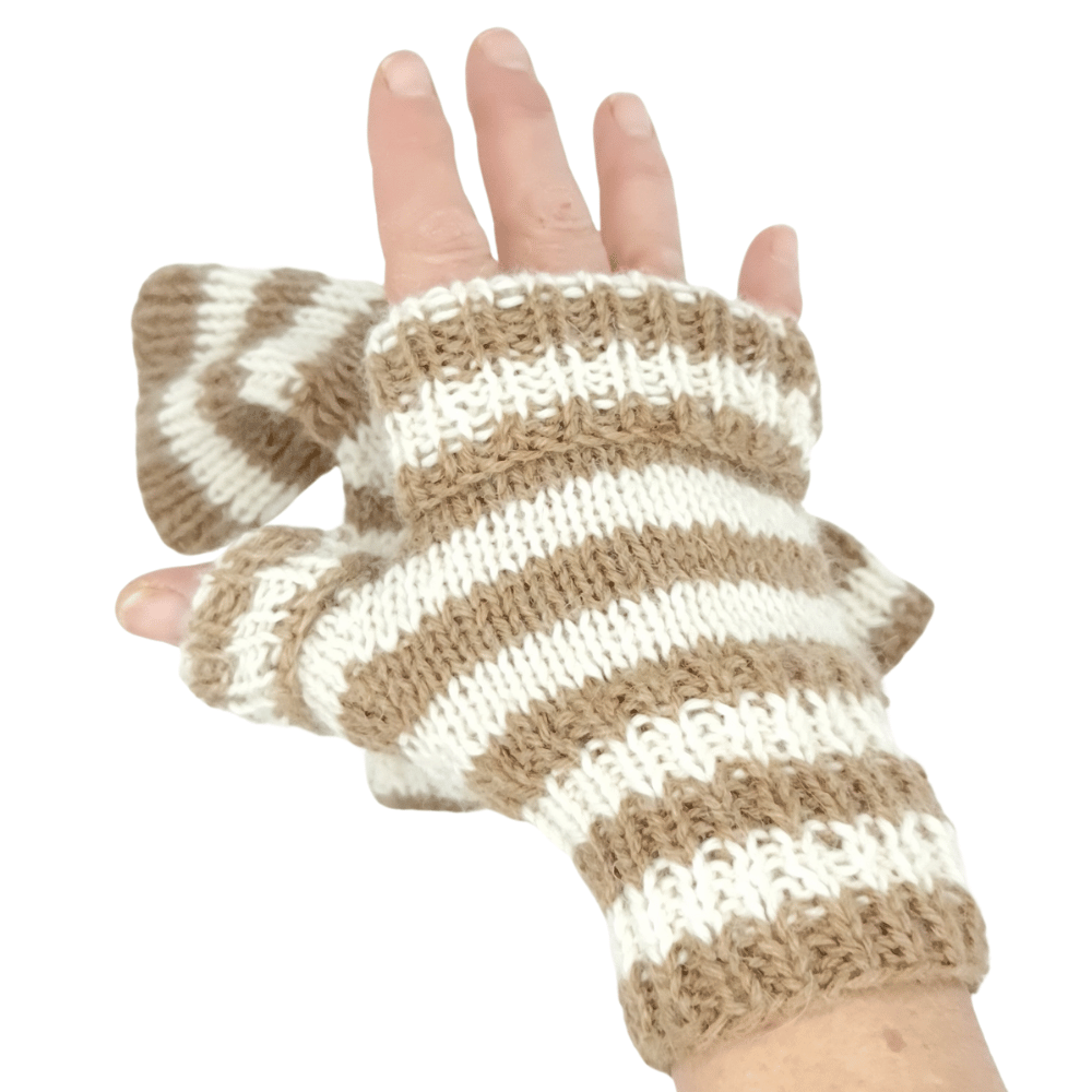 Alpaca wool glove knitting kit hat shown here in sandstone and parchment