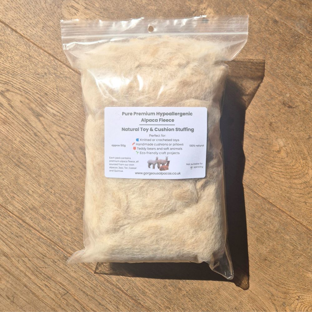 Bag of alpaca fleece toy & cushion stuffing from our own Gorgeous Alpacas